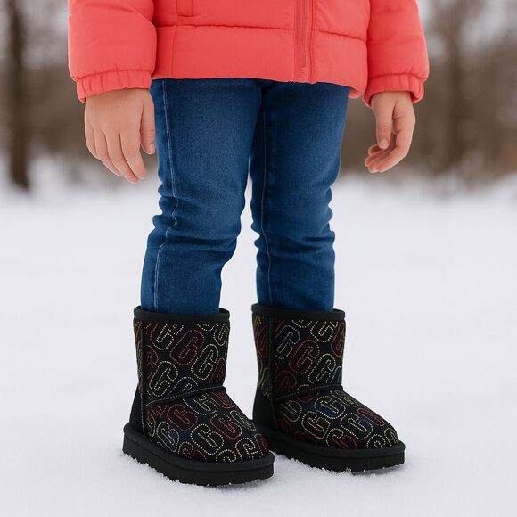 UGG Toddler Girl's Classic II Graphic Stitch Boots Black Suede UGGplush Size 7 - Picture 1 of 16